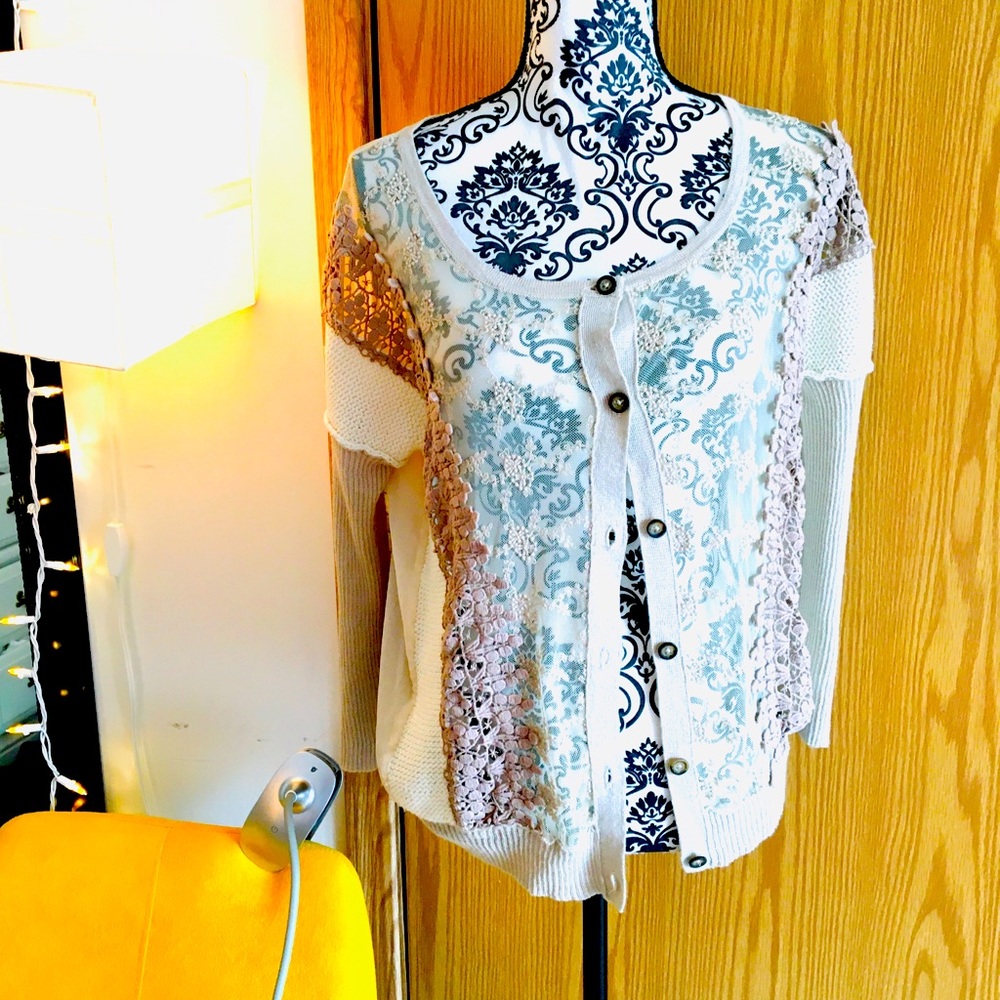 BKE Women’s Cream Crochet Textured Lace Knit Button Up Sheer Cardigan Sweater
